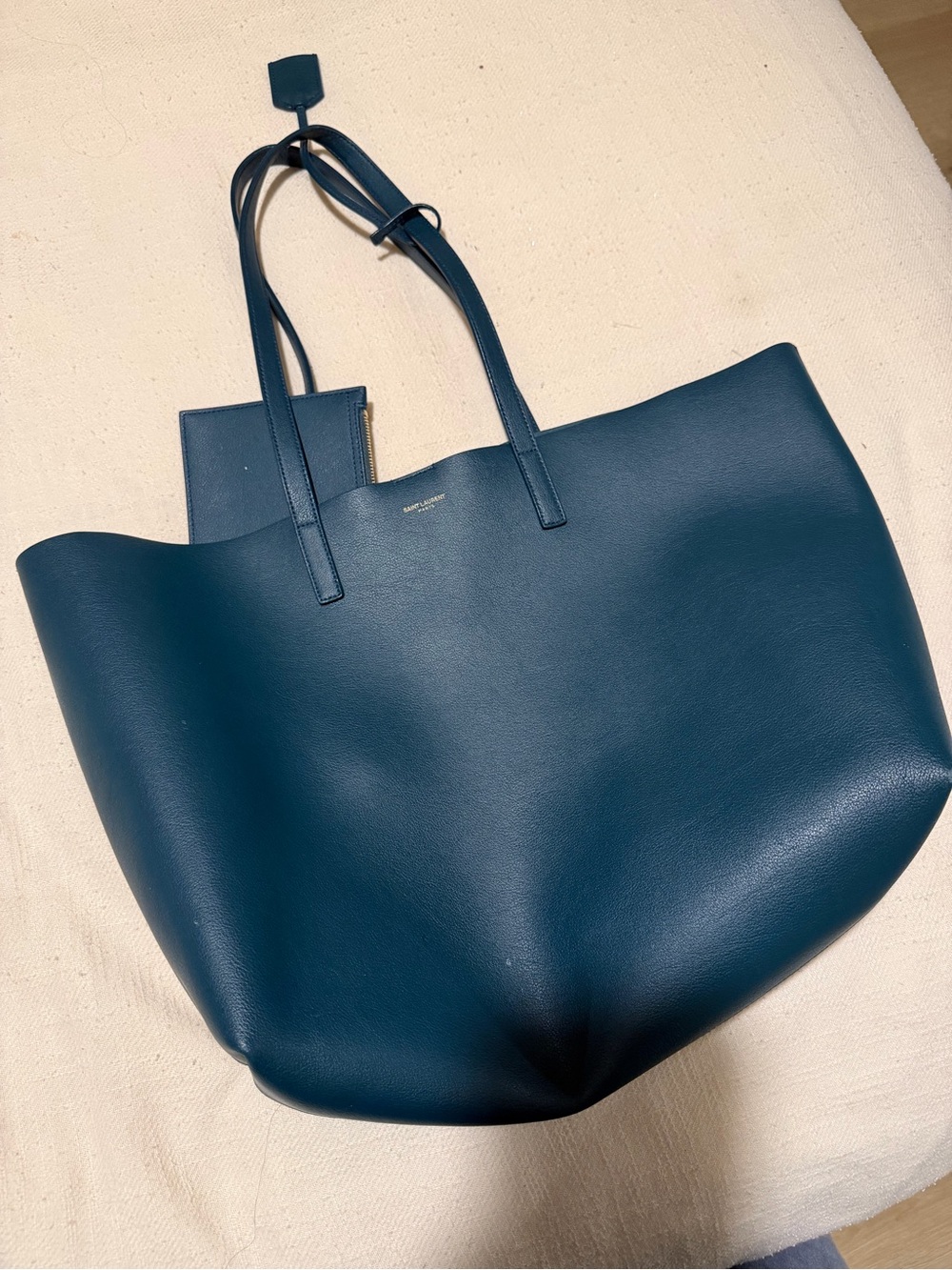 Saint Laurent Deep Teal Leather Tote with Zip Pouch